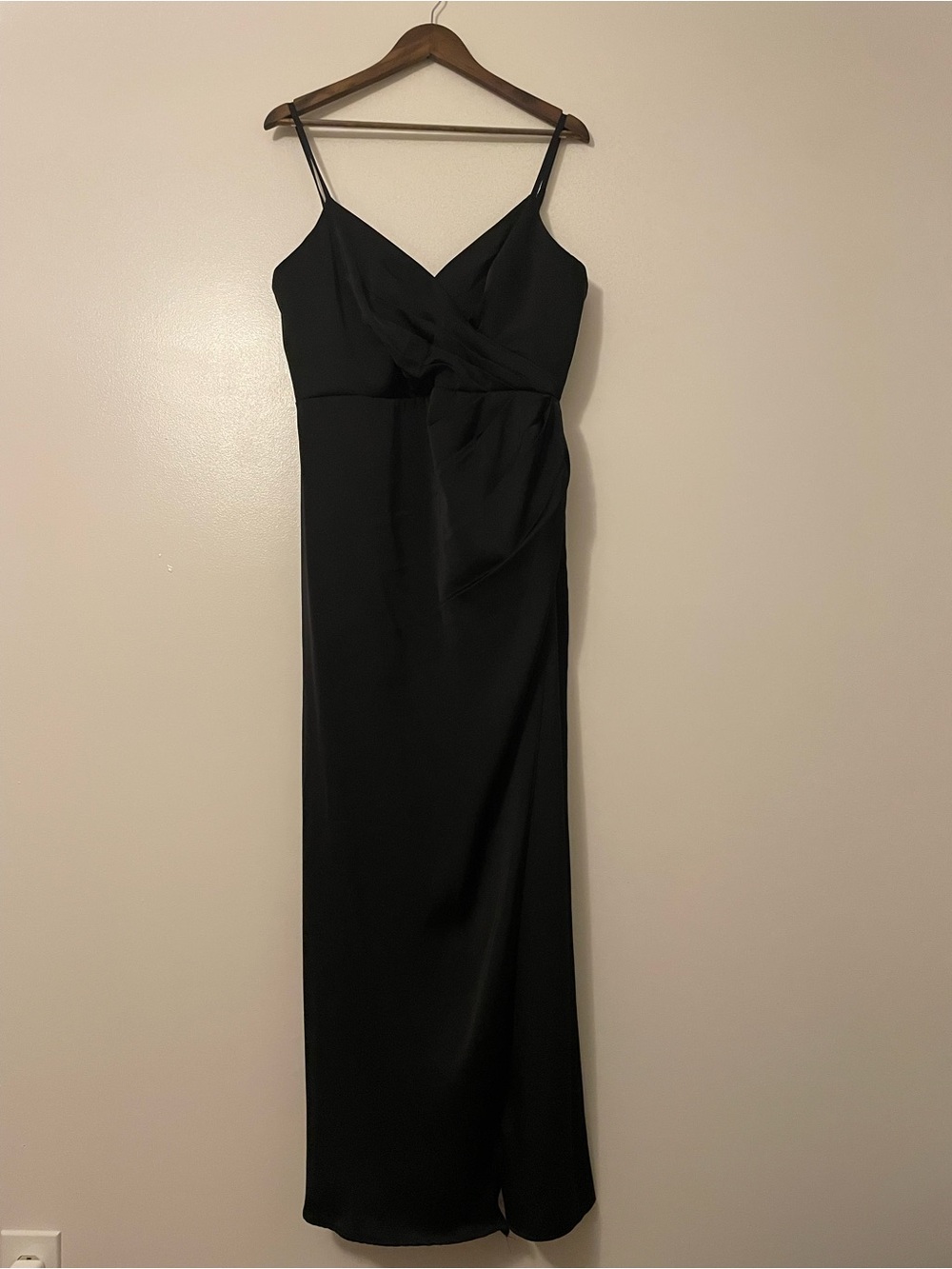 Azazie Black Maci Satin V-Neck Spaghetti Strap Maxi Bridesmaid Dress